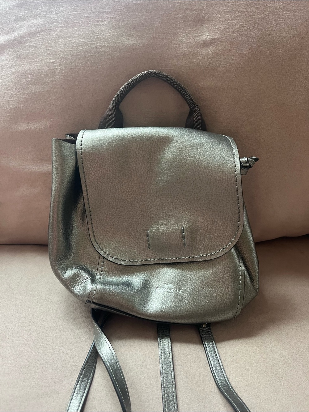 Coach Metallic Silver Mini Leather Backpack